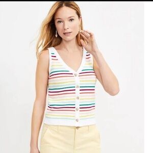 Loft women's white stripe multi button front  100% cotton knit tank top size XL